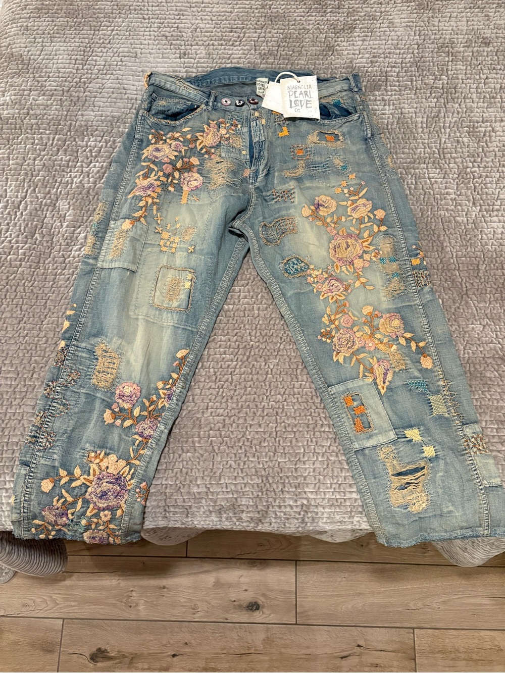 Magnolia Pearl Embroidered Patchwork Blue Jeans with Pink & Cream Florals